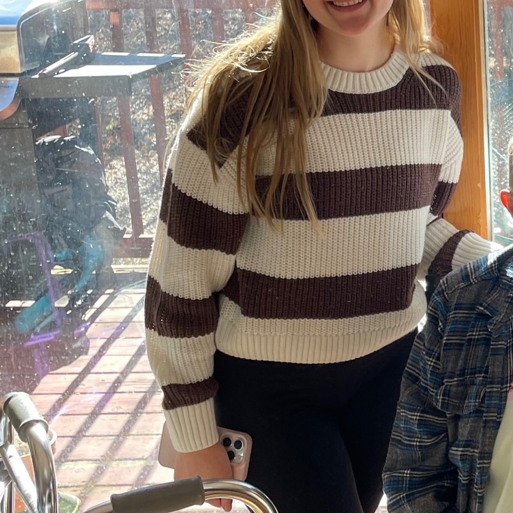 Garage Brown and White Striped Crew Neck Sweater